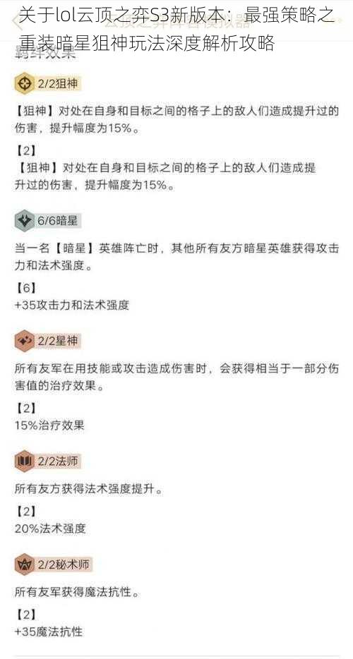 关于lol云顶之弈S3新版本：最强策略之重装暗星狙神玩法深度解析攻略