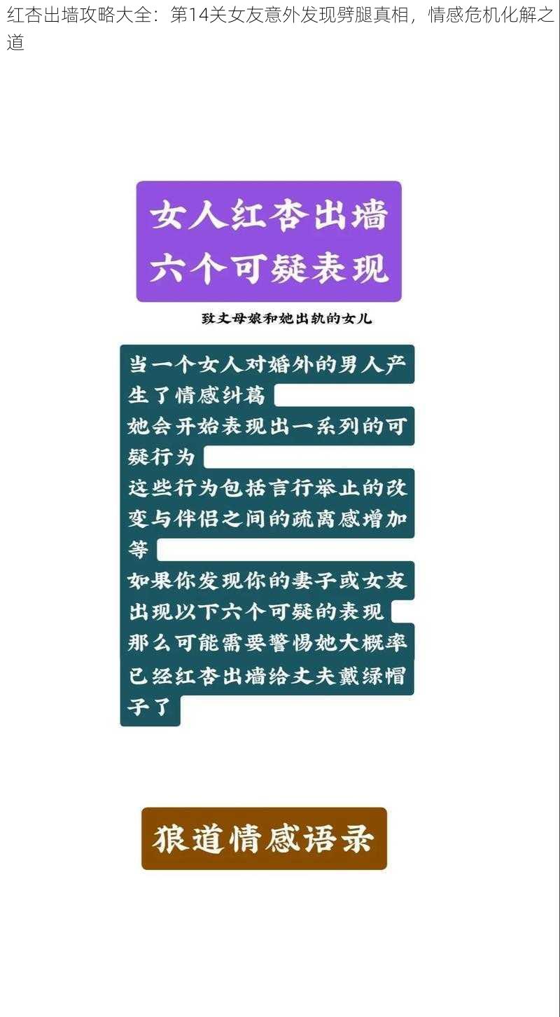 红杏出墙攻略大全：第14关女友意外发现劈腿真相，情感危机化解之道